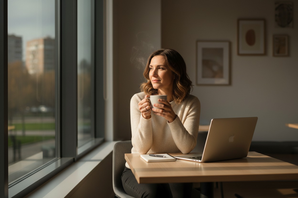 A person holding a warm beverage while sitting peacefully at a table with a laptop, representing balance between work and self-care