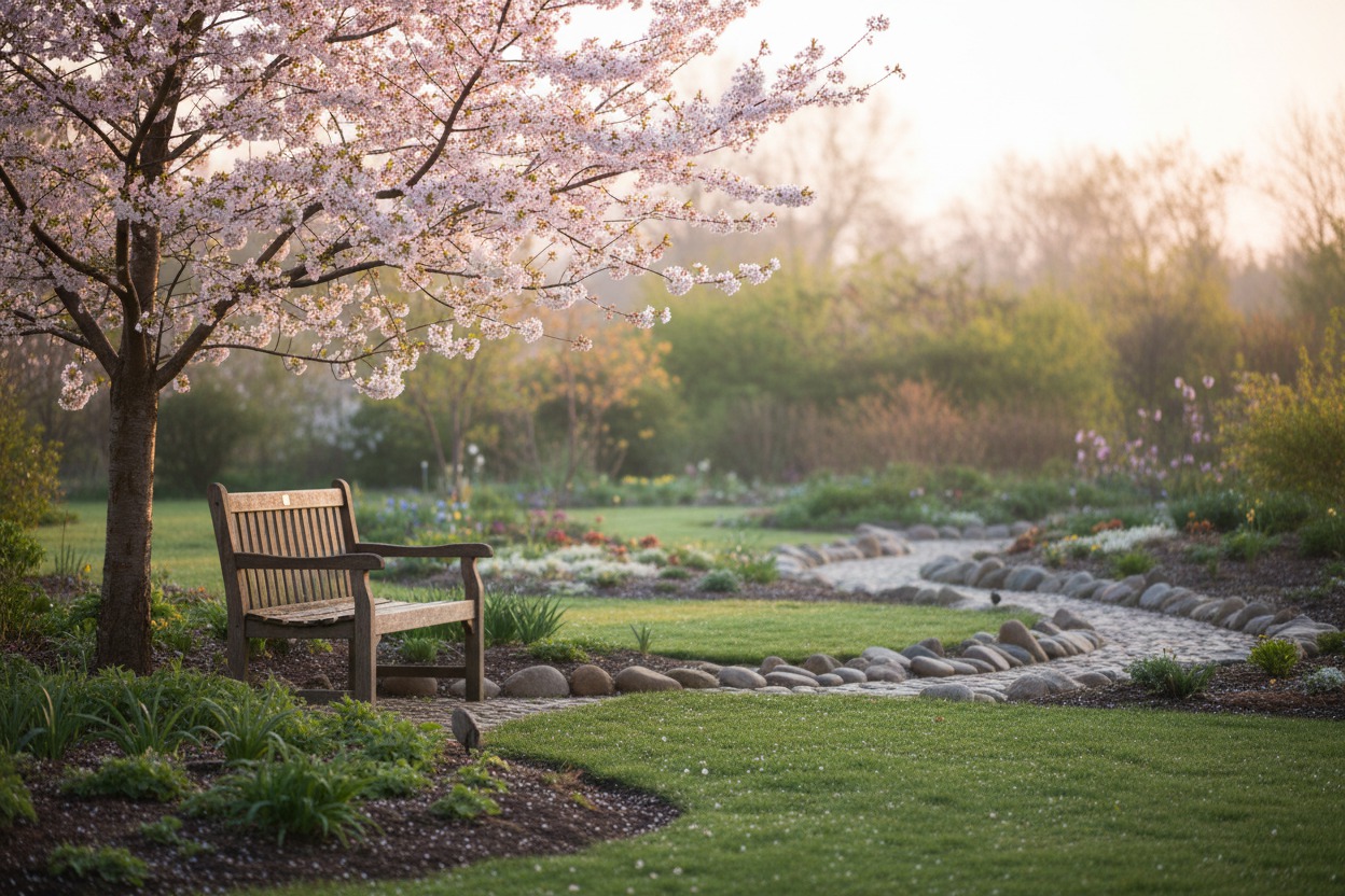 A quiet therapy garden at a soft spring dawn, morning dew on the grass, a lone bench under a cherry tree just beginning to bloom, pale pink and gold light, deeply peaceful and hopeful