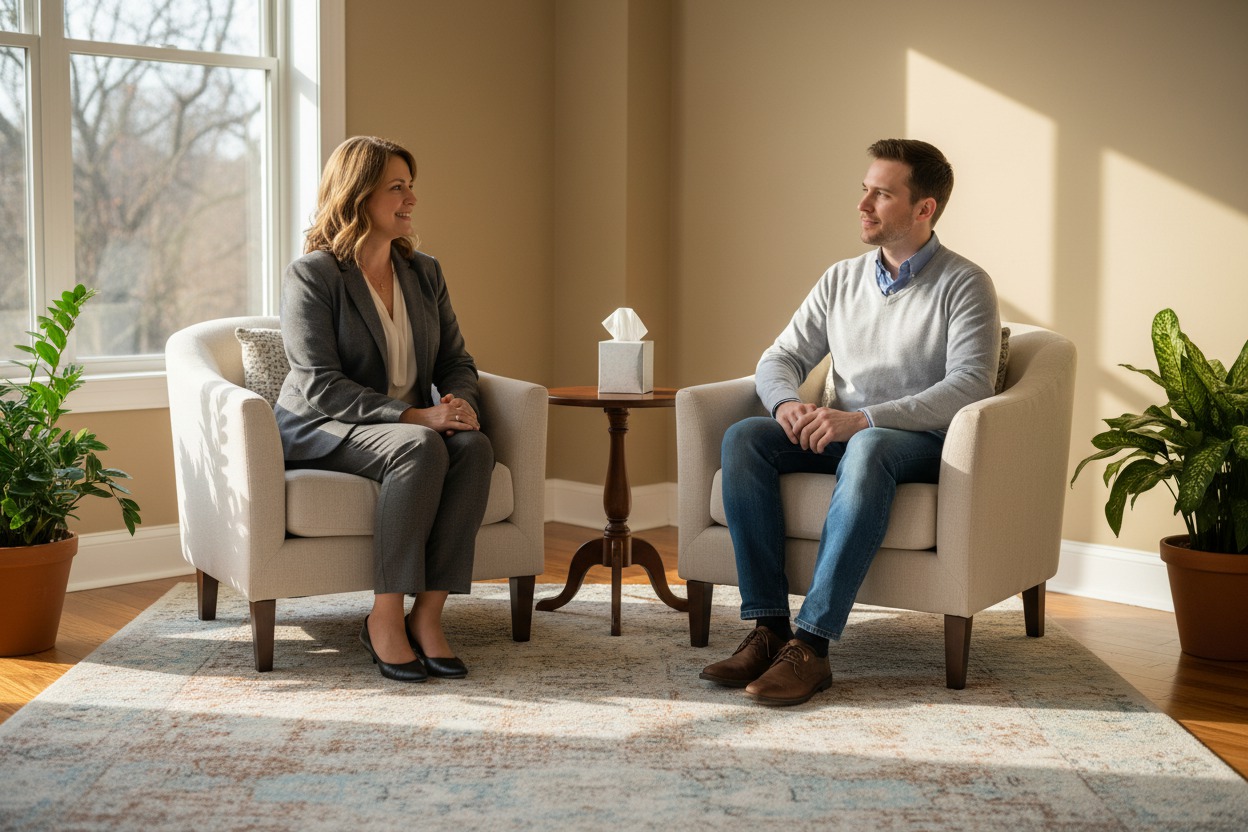 Calm therapy office with two soft armchairs angled toward each other, a side table with a tissue box, warm neutral tones, plants