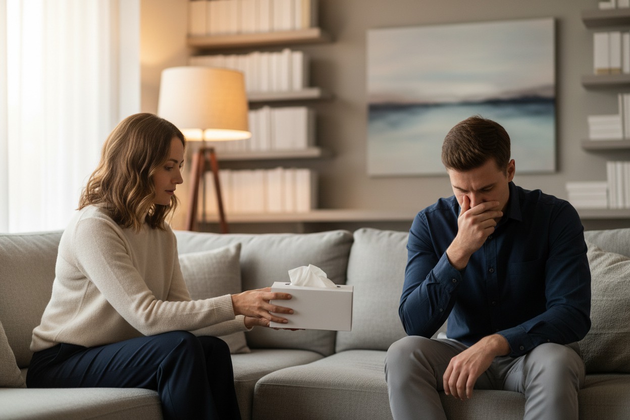 Counselor handing a tissue box to a client who is looking down, both on opposite ends of a couch, soft lamp glow, neutral linen cushions