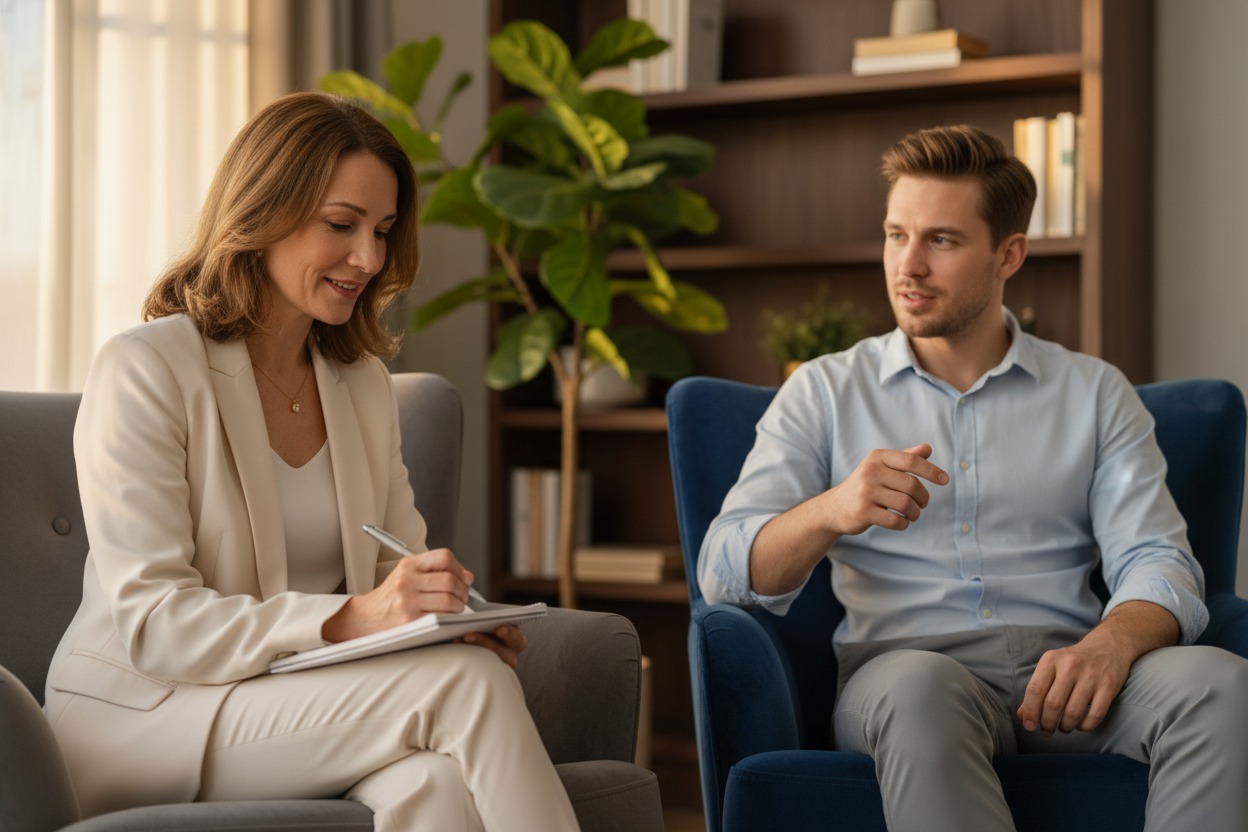 Counselor taking notes while a client speaks, both seated in upholstered chairs, bookshelves and a potted plant behind, natural light