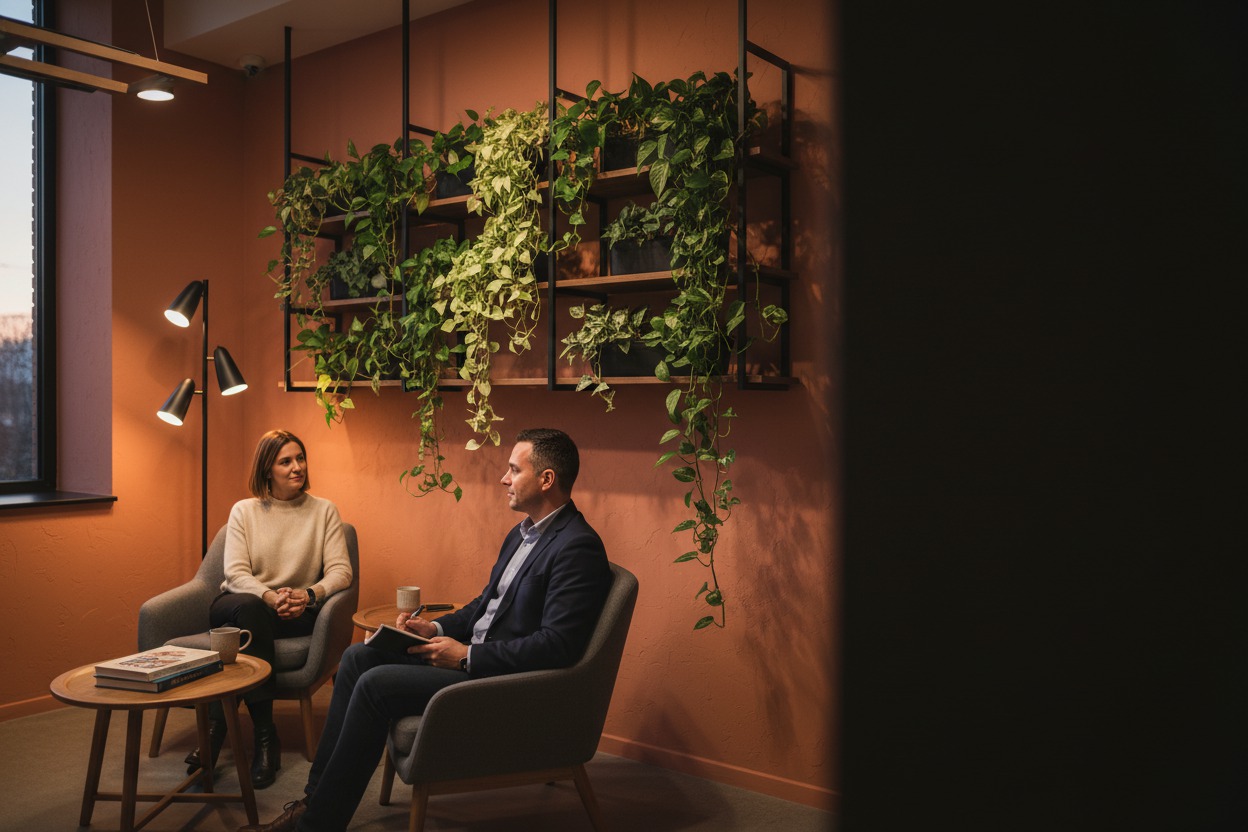 Interior panoramic shot of a calming waiting room at dusk, warm lamp light on terracotta walls, biophilic shelving with trailing plants, soft-shadow right wall providing generous dark negative space for text overlay