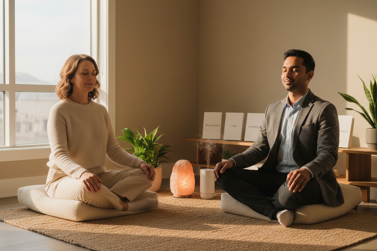Meditation corner in a counseling center with two floor cushions, a himalayan salt lamp, a diffuser, and a low shelf of mindfulness books, soft warm glow