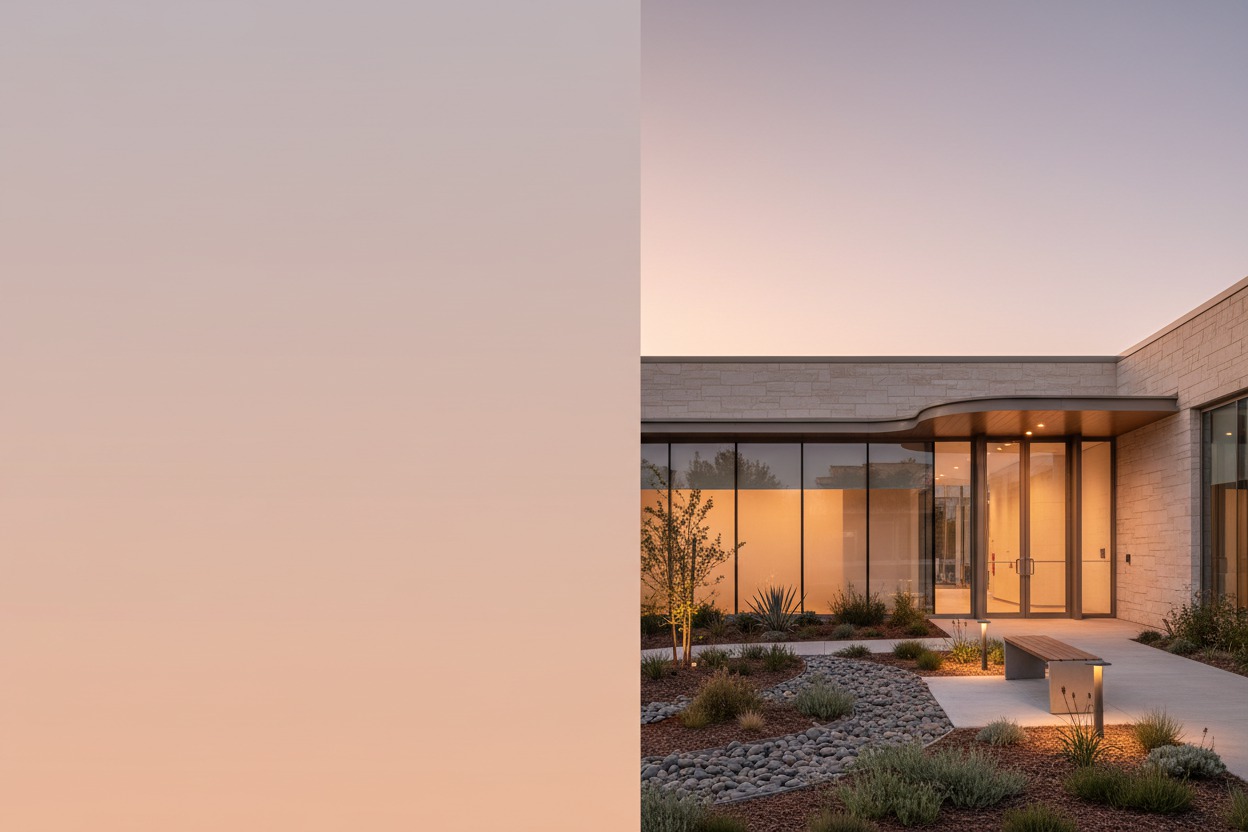 Mental health practice exterior at golden hour, a welcoming entrance on the right with a small garden, the left two-thirds a pale peach evening sky above the roofline for headline text