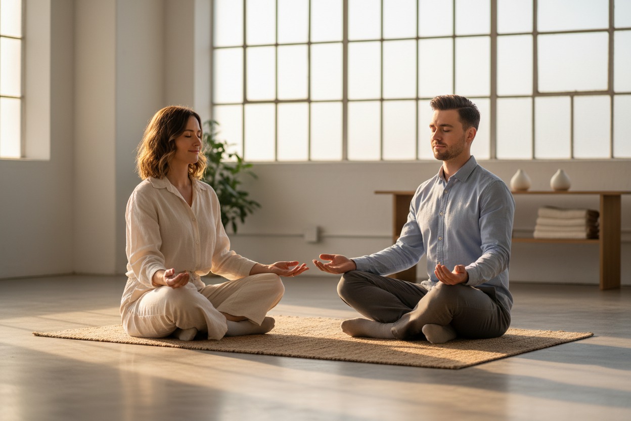 Mindfulness coach guiding a client in a body-scan exercise, both seated cross-legged on the floor, hands resting on knees, diffused morning light from frosted windows