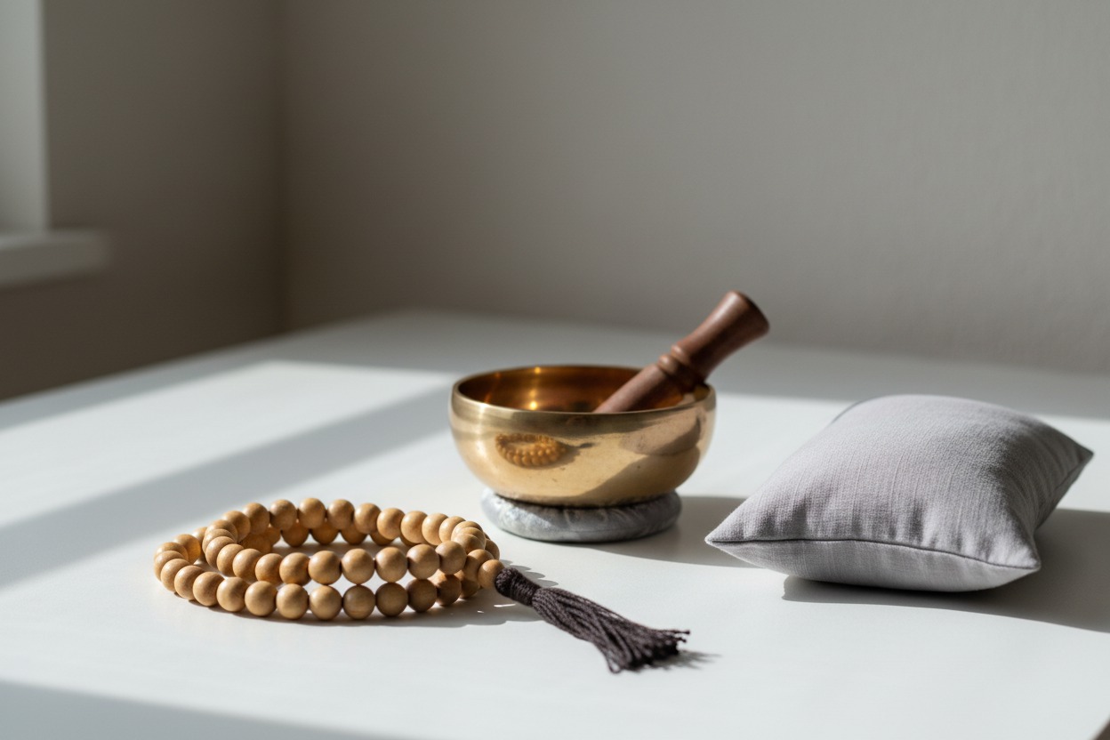 Mindfulness meditation kit laid out on a white surface: a mala bead bracelet, a small brass singing bowl, and a folded eye pillow, clean even light