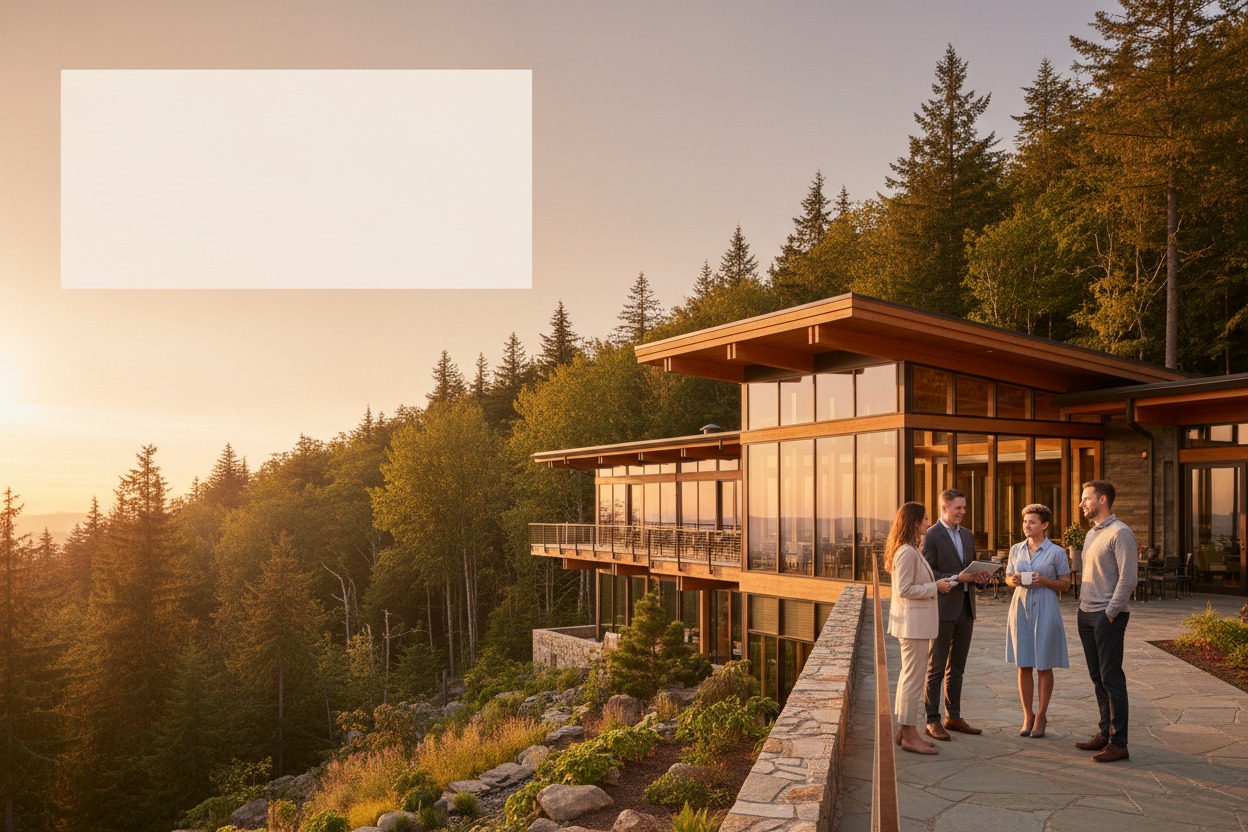 Panoramic exterior of a mental wellness center nestled in a forested hillside at golden hour, warm light catching the timber-and-glass architecture, open amber sky on the upper left providing text placement area