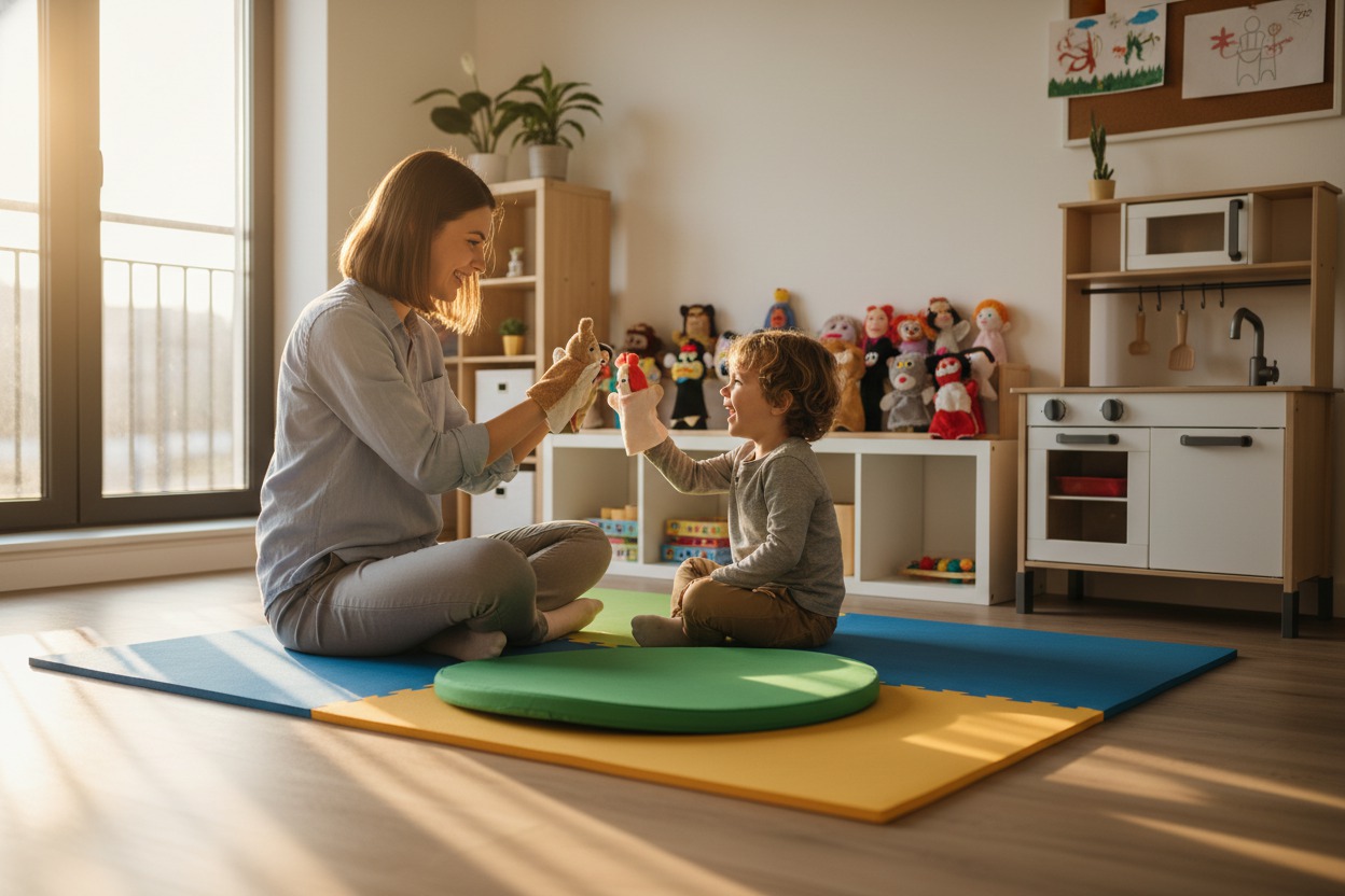 Play therapy room with colorful soft mats, a toy kitchen, puppets on a shelf, and natural light from a single window, bright and safe atmosphere