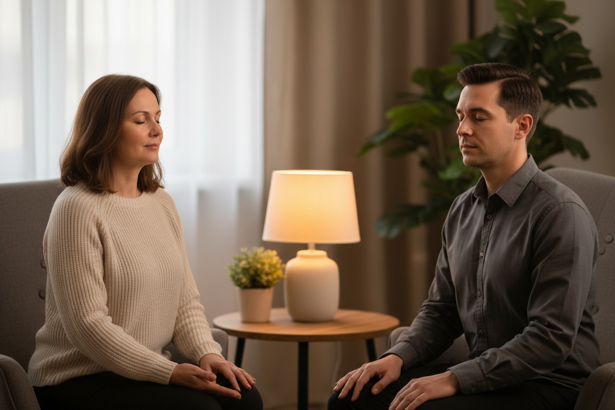 Psychologist guiding a client through a breathing exercise, both seated facing each other with eyes closed, warm lamp glow