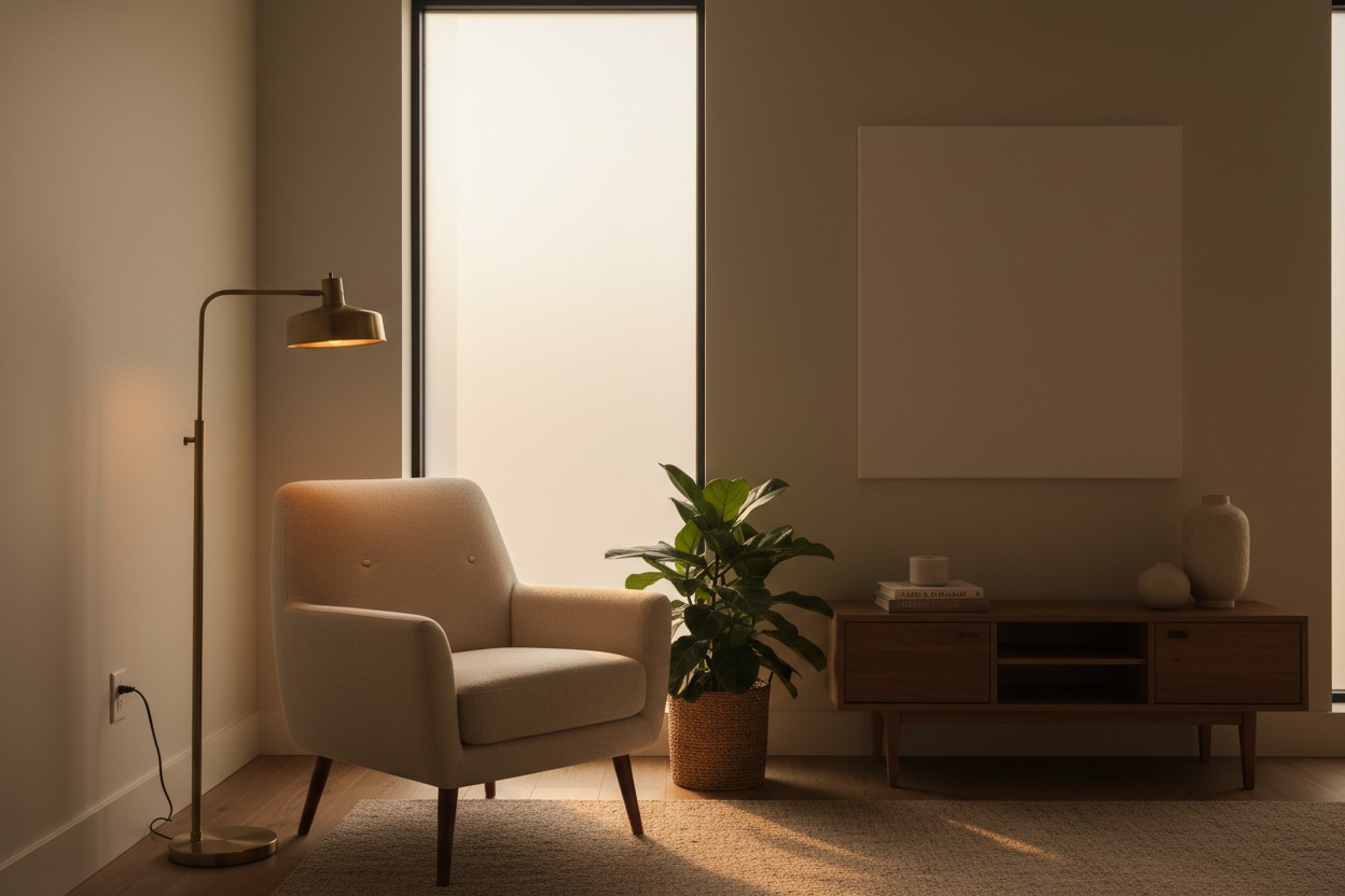Serene therapy room with open negative space on one side for text overlay, a reading chair and floor lamp on the far side, warm amber tones