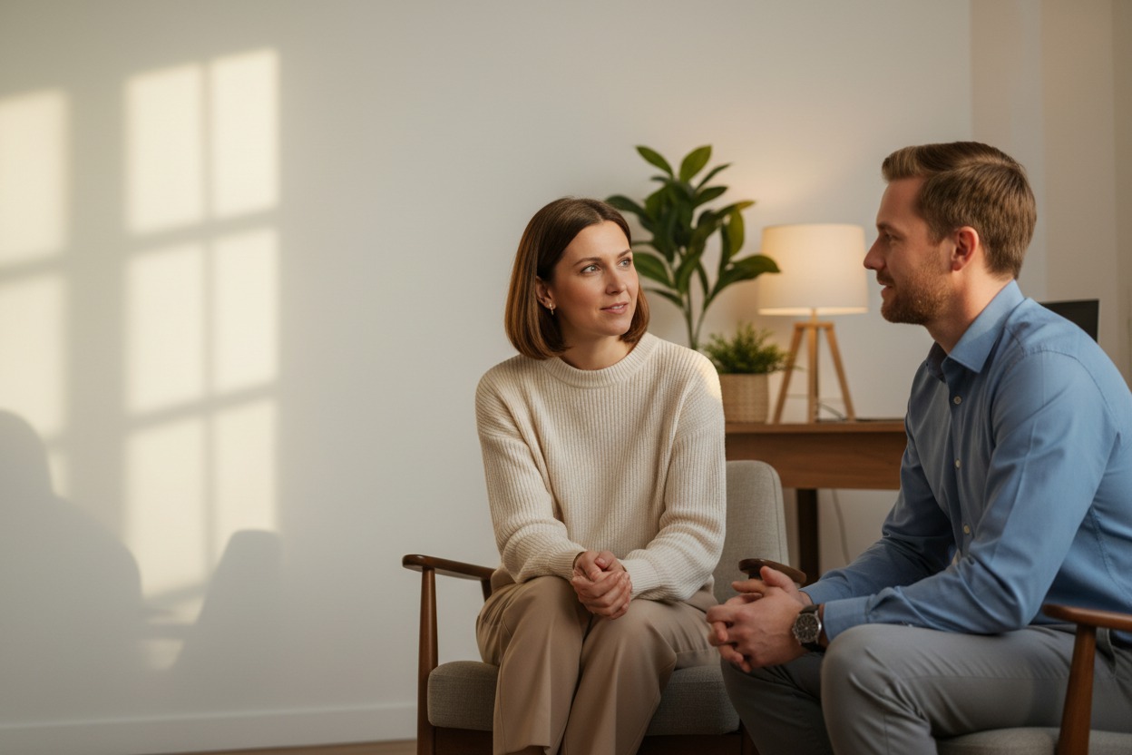 Soft-focus counseling office with blurred plants and a desk lamp filling the right half, clean negative space on the left for headline text, warm neutral palette