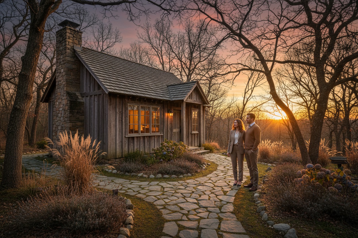 Standalone counseling cottage surrounded by mature trees, a stone path through a small garden, warm lamp glow in the window, dusk light