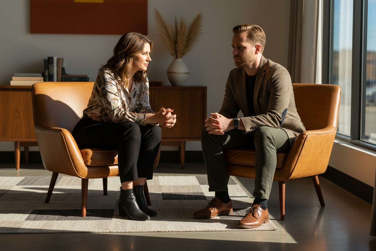 Therapist leaning forward attentively toward a client, both seated in leather chairs, warm-toned mid-century office, afternoon window light raking across the floor