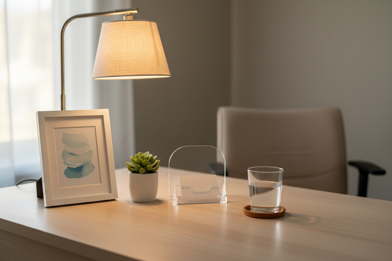 Therapy office desk detail — a framed motivational print, a small succulent, a business card holder, and a glass of water on a clean wooden surface, warm desk lamp light, no people