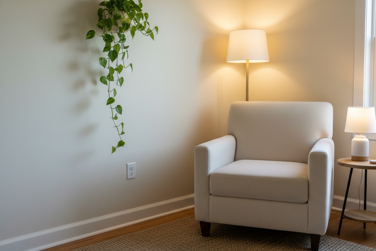 Therapy office with a plush armchair on the right in warm lamp light, left two-thirds a soft cream wall with a single trailing plant — ample negative space for text overlay, quiet and inviting