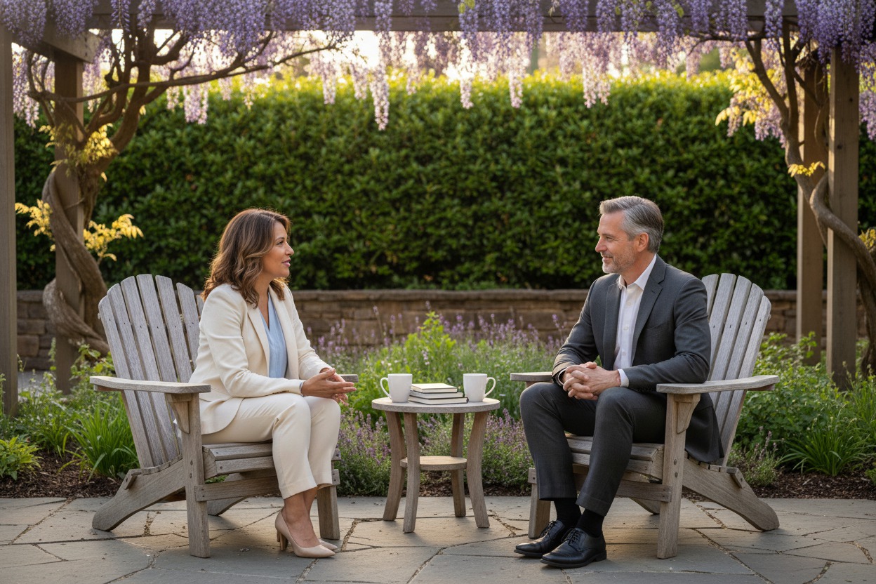 Therapy practice patio with two Adirondack chairs facing a small garden, overhanging wisteria, soft dappled afternoon sunlight