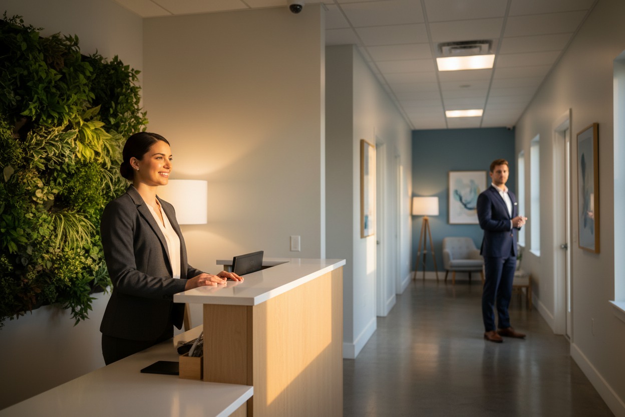 Wide-angle establishing shot of a modern mental health practice interior — a welcoming reception desk, soft-lit corridors leading to therapy rooms, a living plant wall, warm ambient lighting