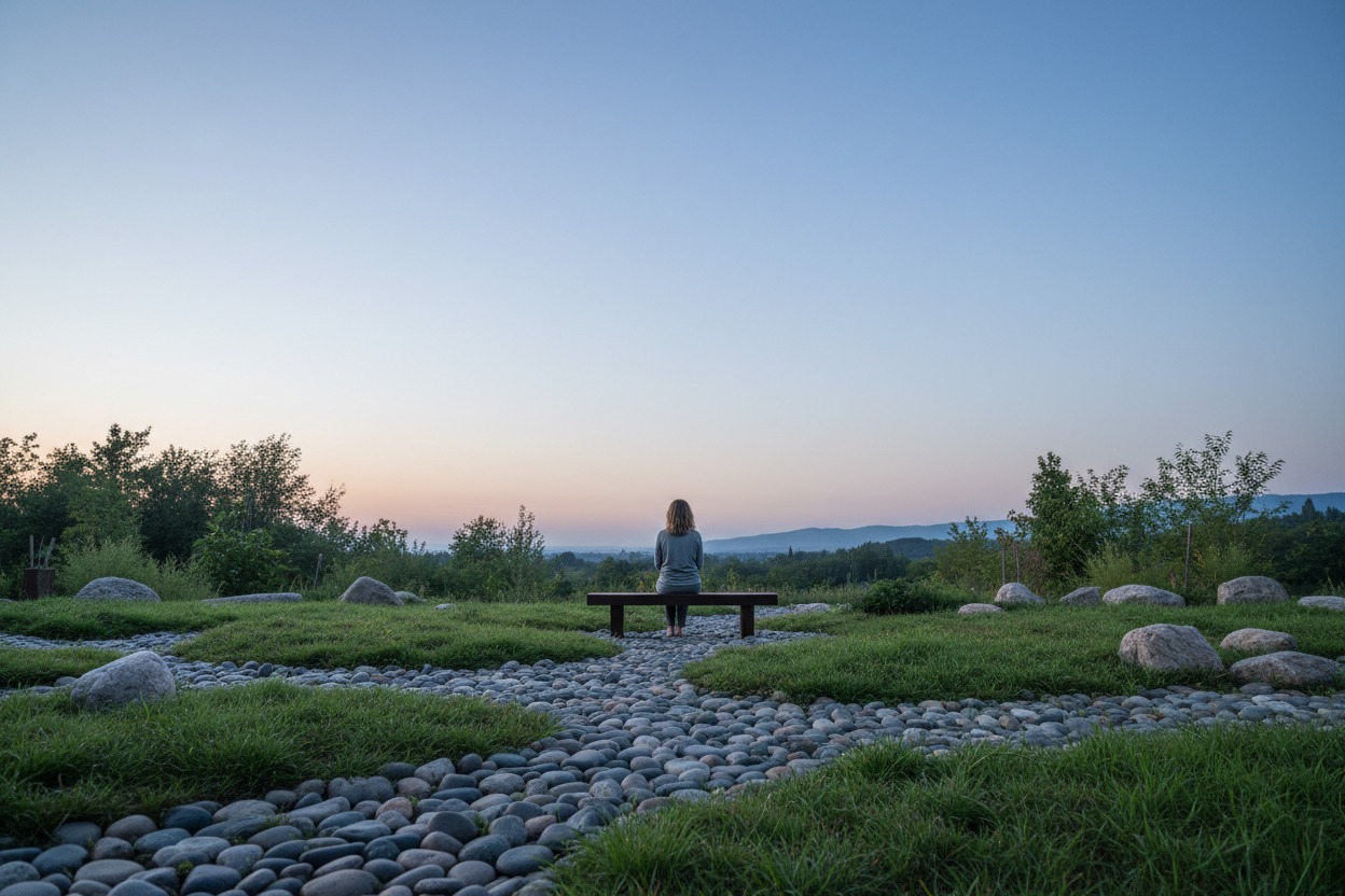 Wide serene shot of a meditation garden at blue hour, smooth river stones and low grasses catching the last cool light, a single small figure seated on a bench, pale gradient sky across the top half open for headline