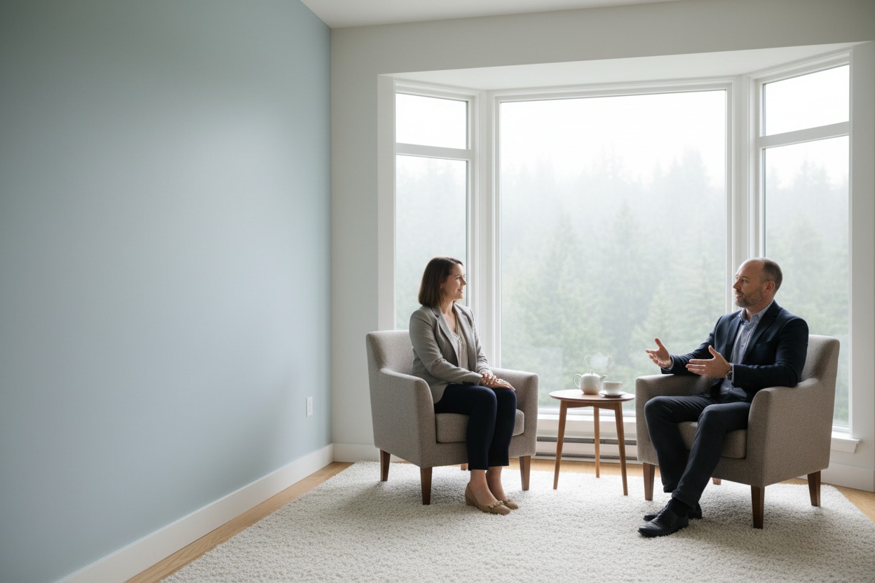 Wide soft morning shot of a therapist office interior, a bay window overlooking misty woods letting in diffused white light, two chairs as small elements in the right third, pale left wall providing calm negative space